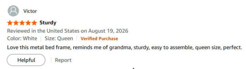 Sturdy metal bed frame review from Amazon, white color, queen size, easy to assemble.