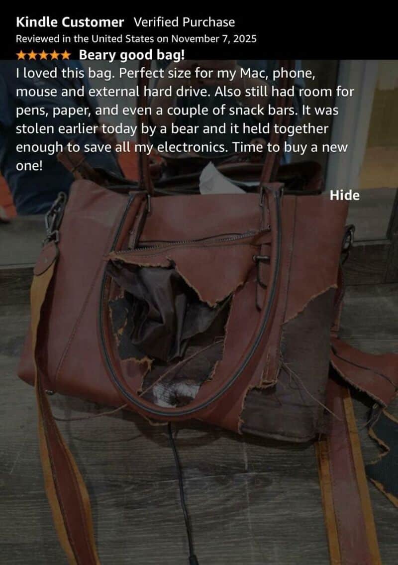 Torn brown leather bag with a large hole and frayed edges.