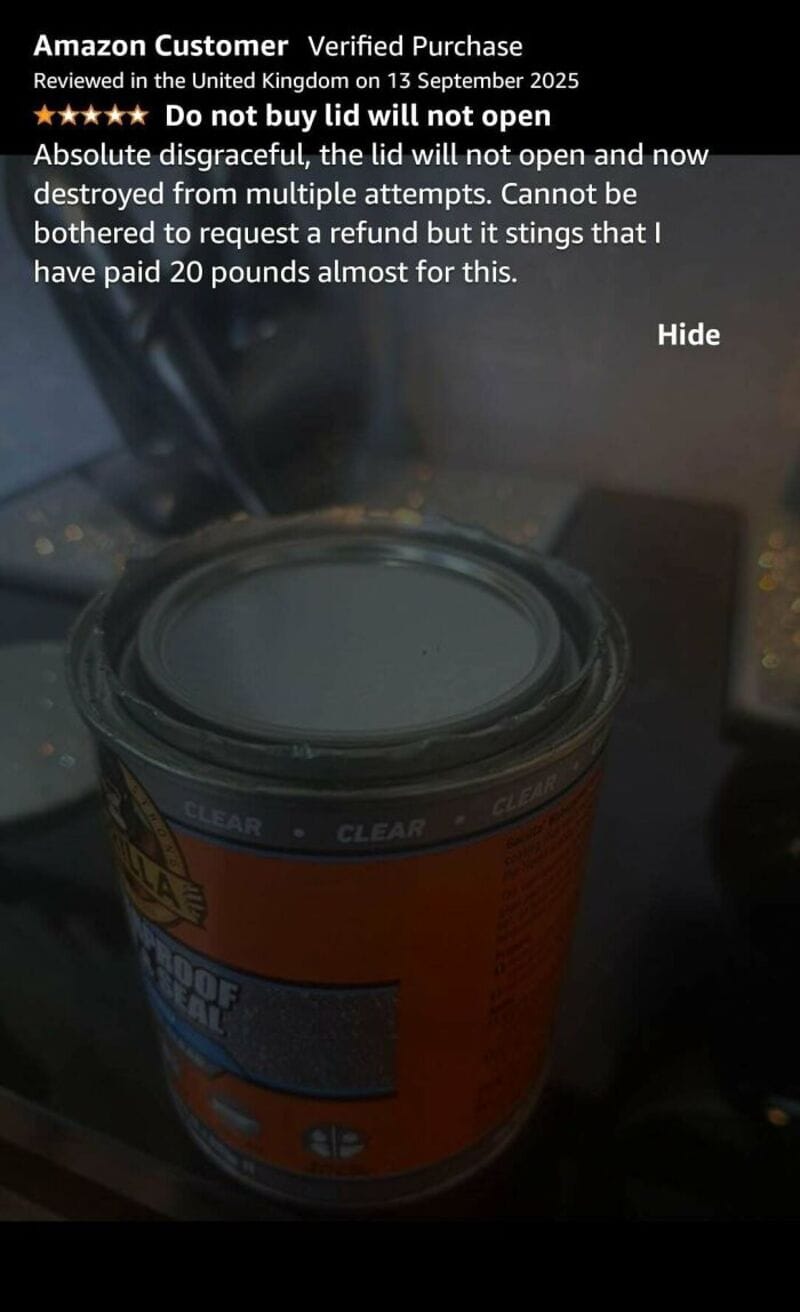 Lid won't open, stings when opened, paid 20 pounds.
