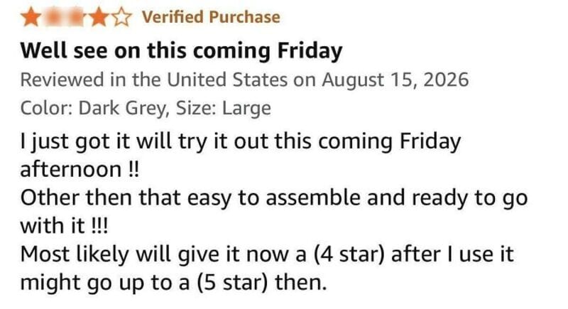 Customer review about a product, mentioning it will be used on Friday and easy to assemble.