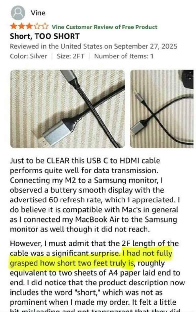 USB C to HDMI cable connected to a Samsung monitor, 2 feet long.