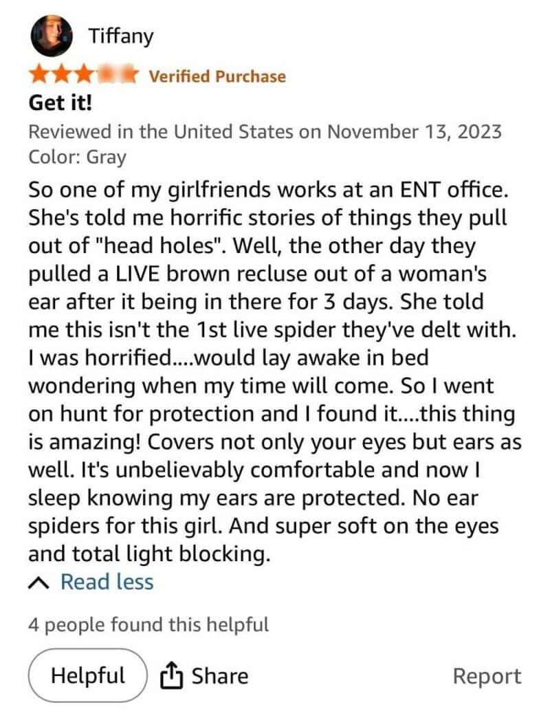 Amazon review by Tiffany about ear protection from spiders.