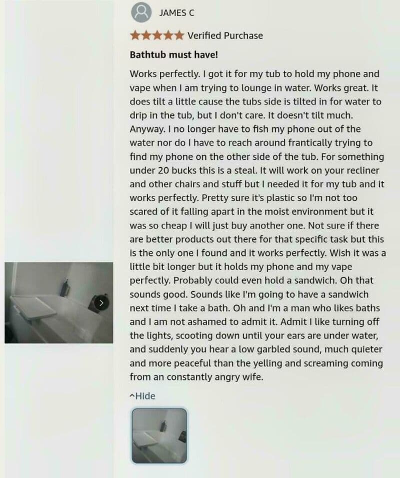 Customer review about a bathtub, praising its functionality and durability.