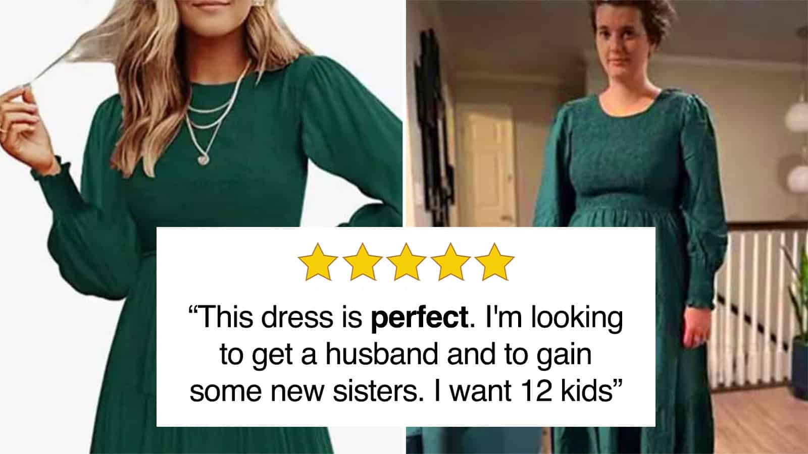 Two women in green dresses, one with long hair, the other with short hair, with a five-star review.