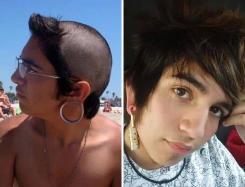 Side-by-side photos of two young people with different hairstyles and accessories.
