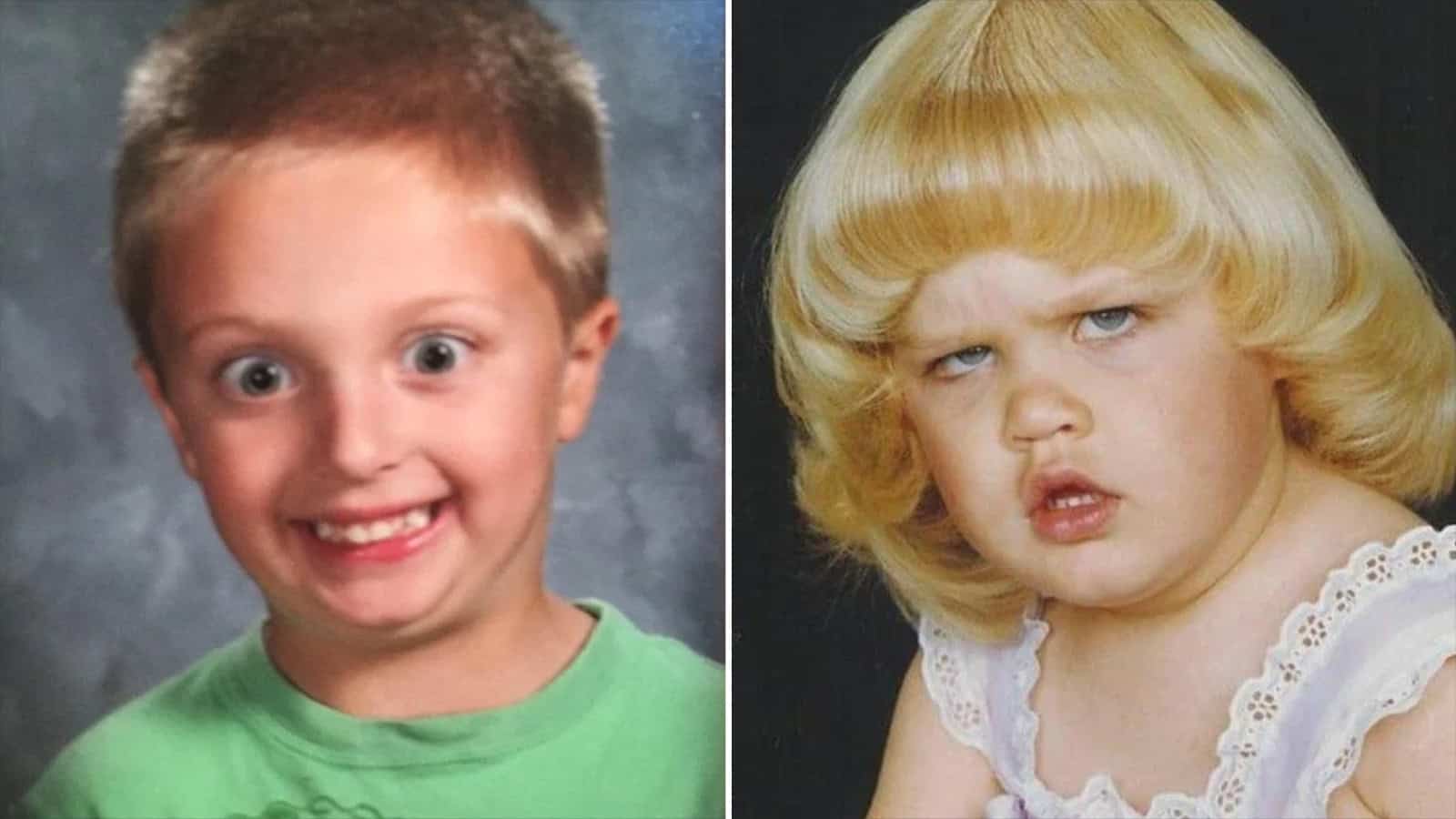 Two childhood photos side by side, one smiling happily, the other looking annoyed.