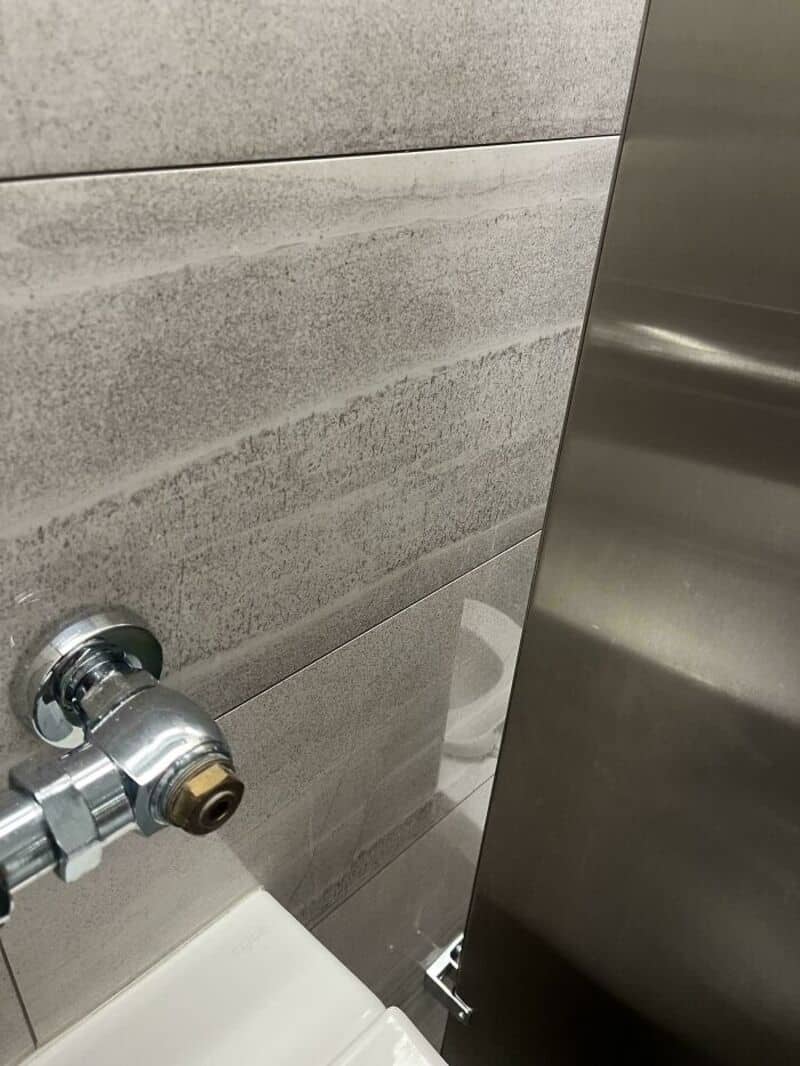 Toilet paper holder is placed behind a metal partition in a bathroom.