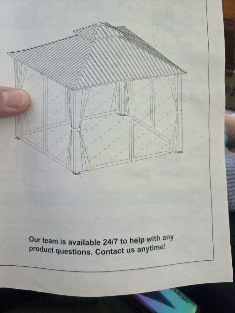 Sketch of a gazebo with a roof and curtains, with contact info at the bottom.