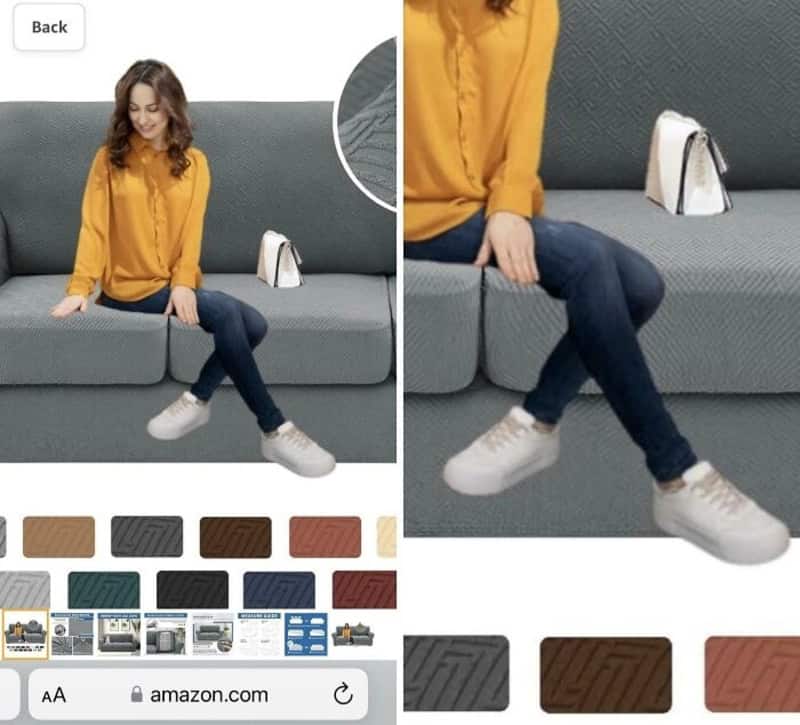 Woman in yellow blouse sitting on gray sofa with crossed legs, white sneakers, and a small handbag.