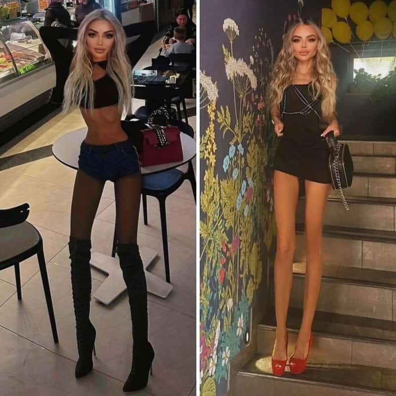 Two young women posing in stylish outfits in public spaces, one with black crop, shorts and thigh‑hi.
