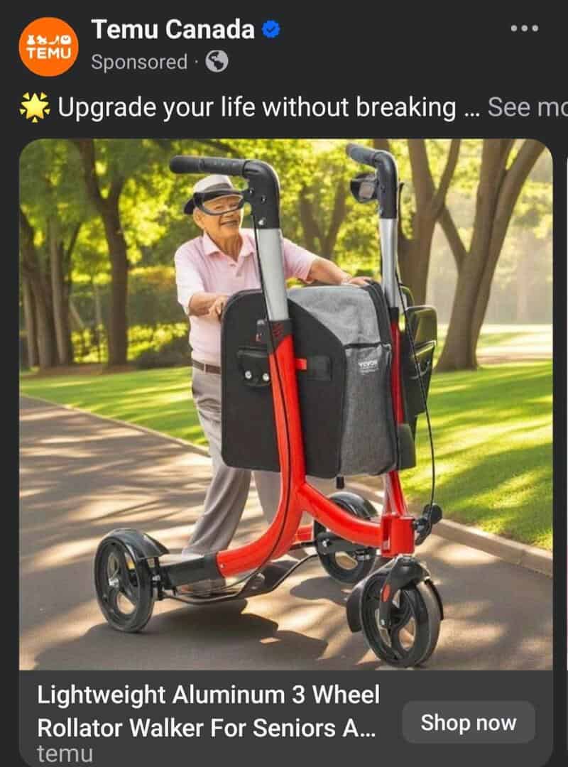 Senior man using a lightweight three-wheel rollator walker with a red frame on a sunny park path.