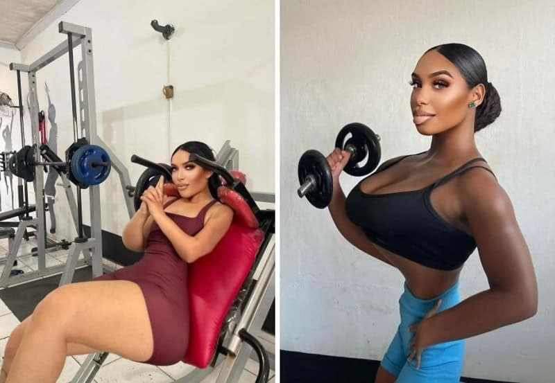 Two women in gym: left image shows woman in burgundy dress on bench press, right image shows woman在黑.