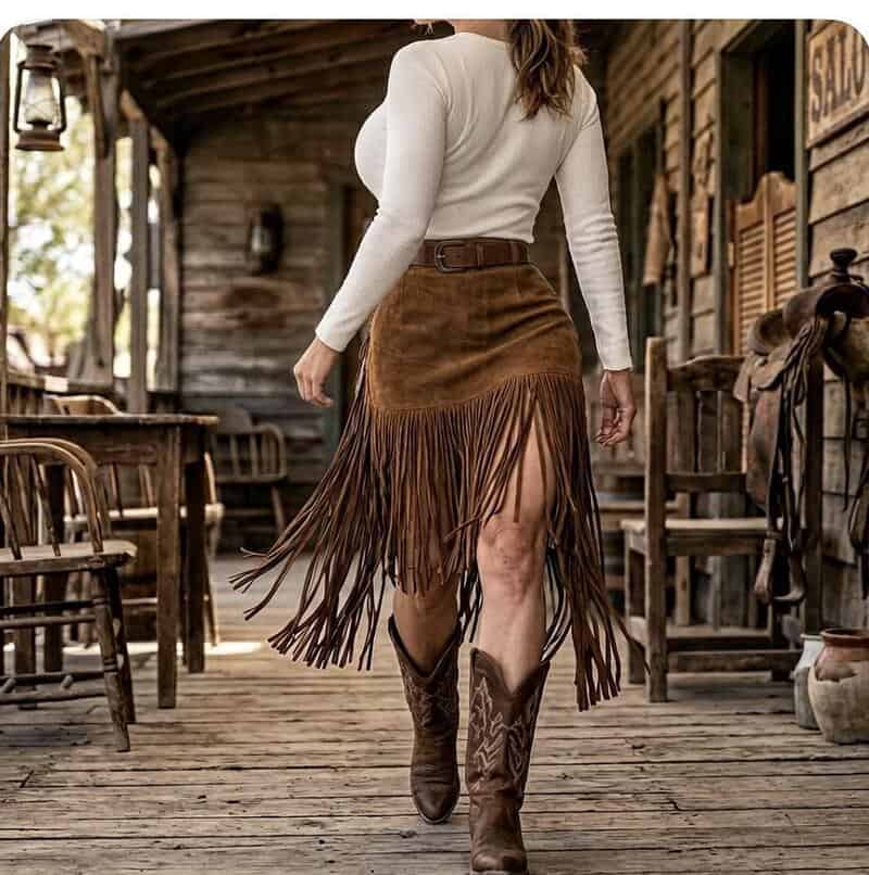 Woman walking in a rustic wooden porch wearing a white long-sleeve top, brown fringed suede skirt, a.