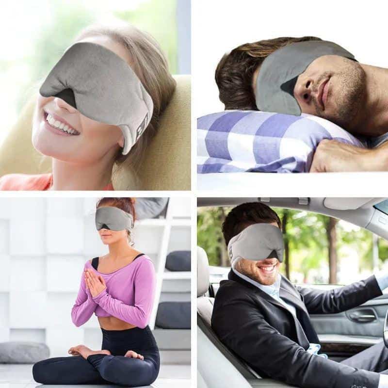 People wearing sleep masks in four different scenarios: a smiling woman resting on a couch, a man n.