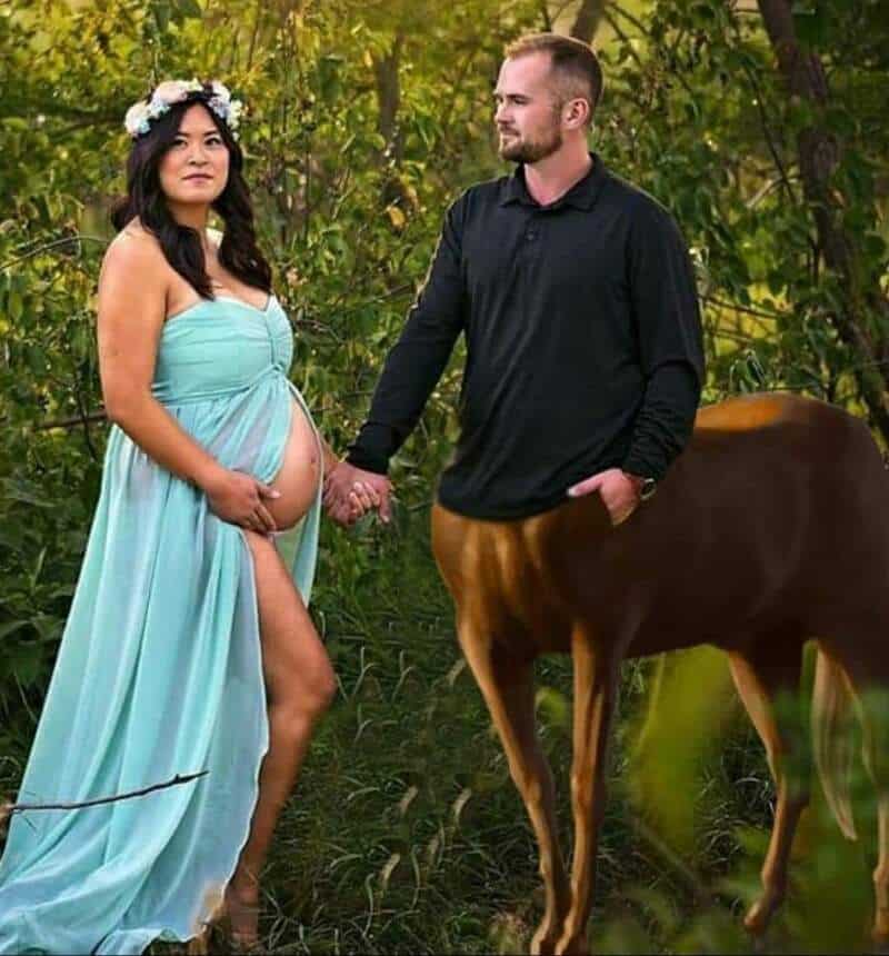 Pregnant woman in turquoise dress holding belly with flower crown beside a man in black polo shirt,在.
