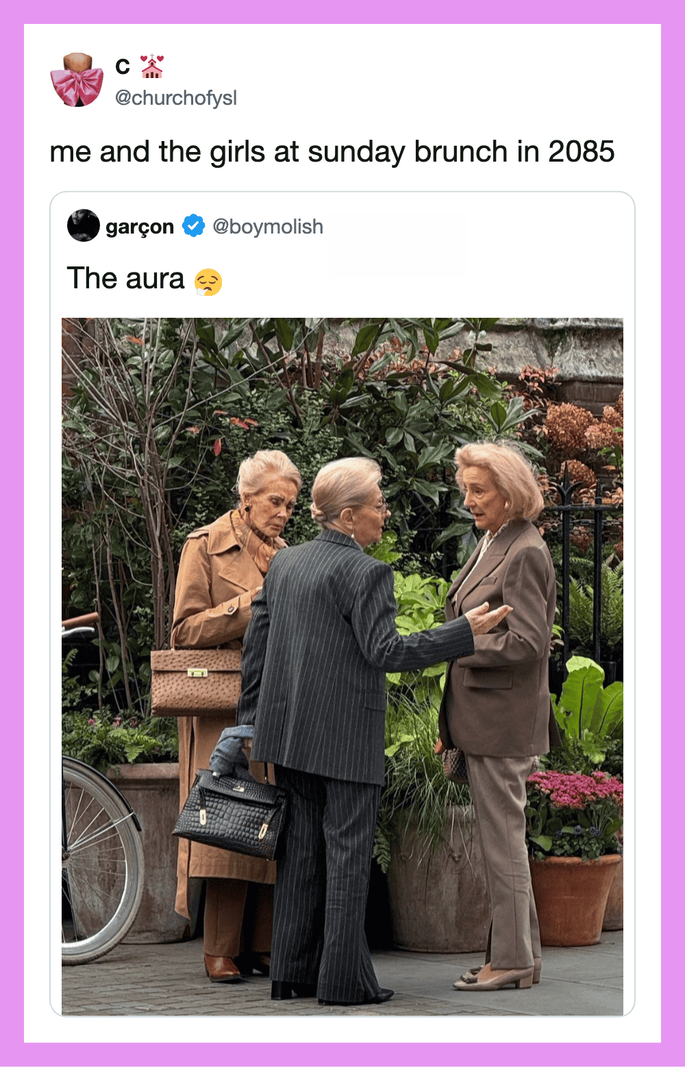 Three women in a garden, two are elderly and one middle-aged, engaged in conversation.