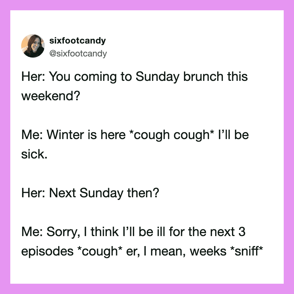Conversation about Sunday brunch and being sick with cough and sniffles.