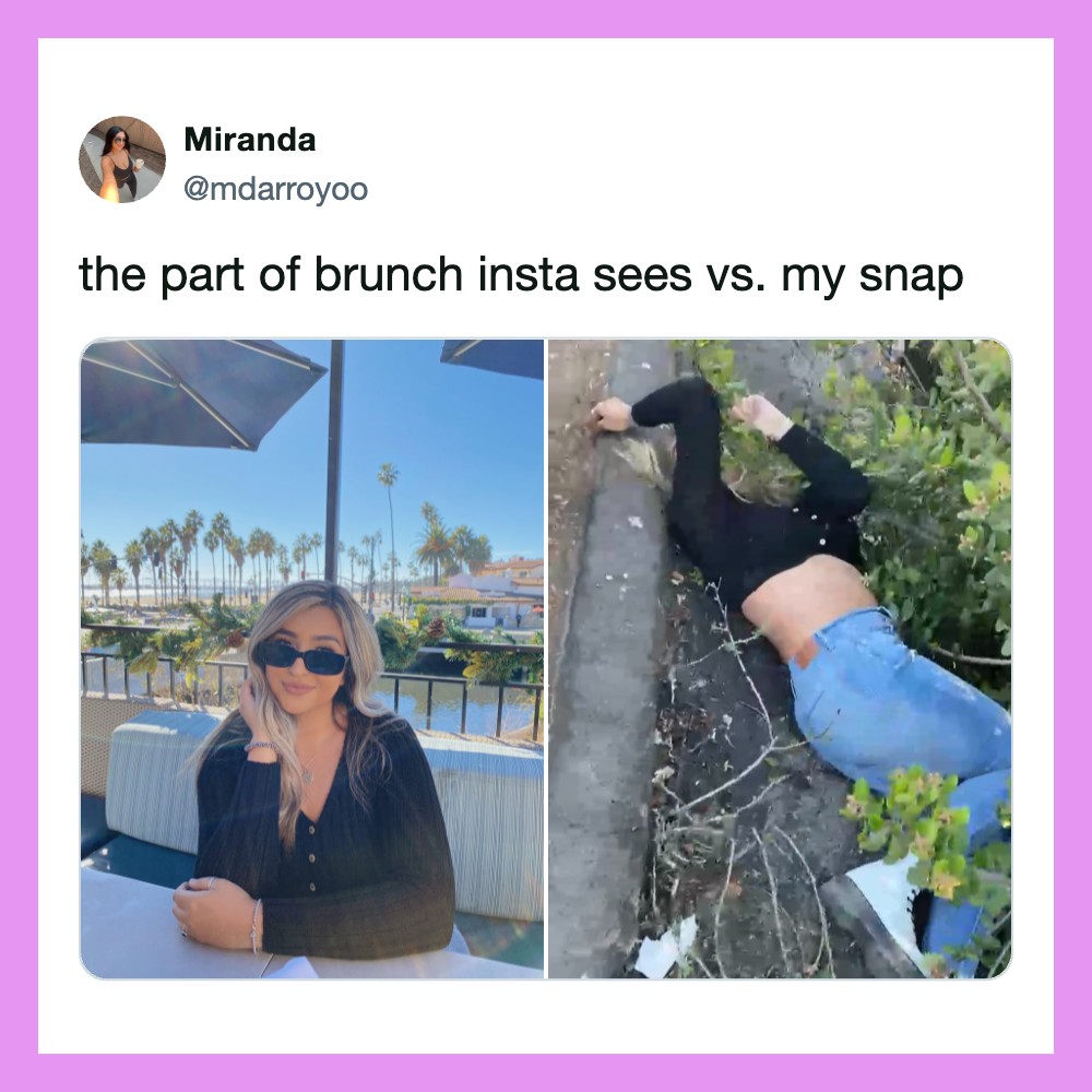 Comparison of brunch Instagram vs. Snapchat posts with a woman at a restaurant and a person lying on.