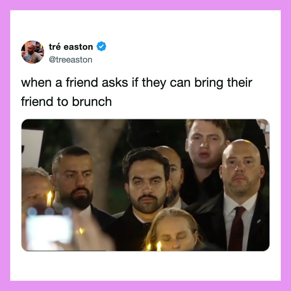 Group of people with serious expressions at a brunch gathering.