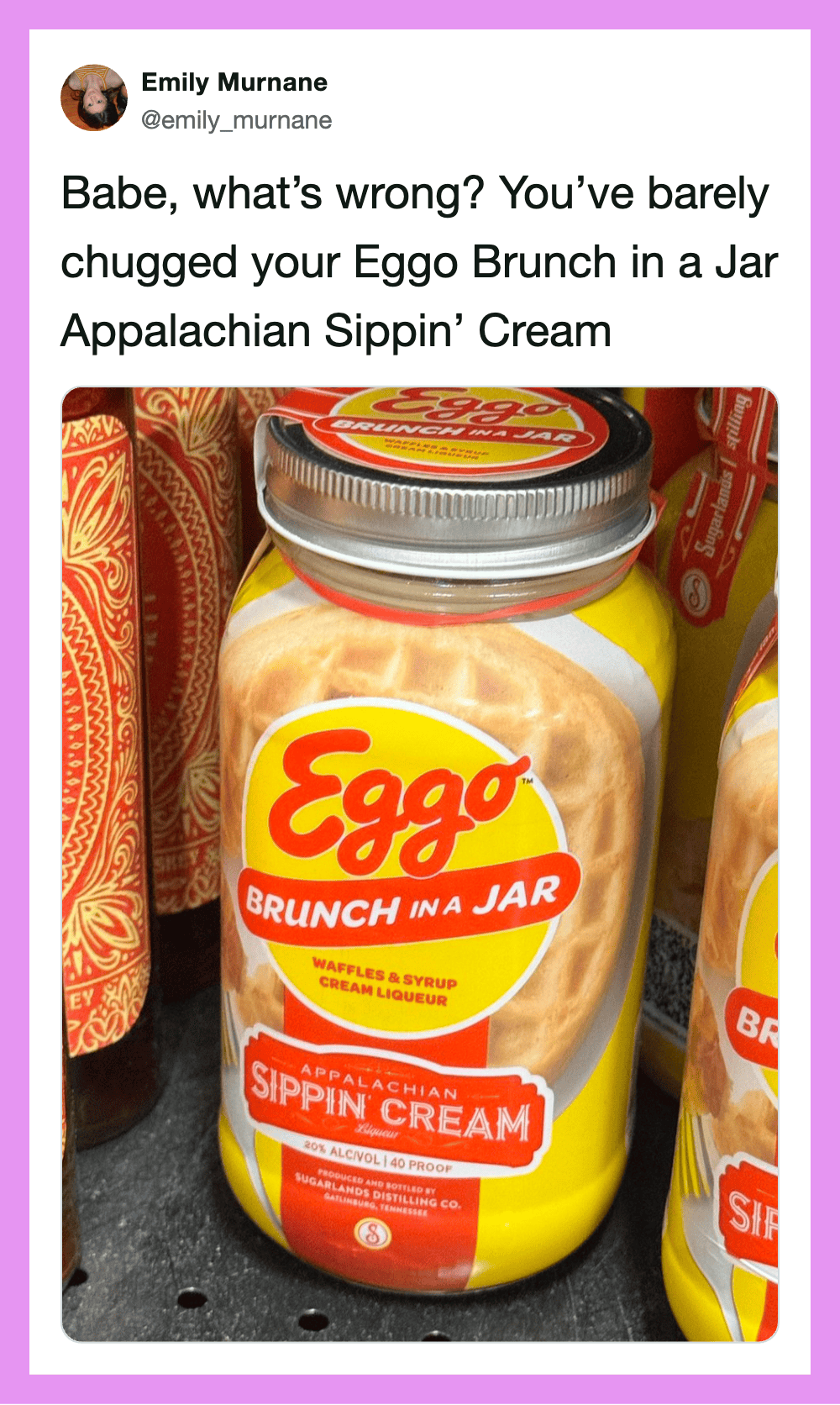 Ego Brunch in a Jar Appalachian Sippin' Cream with waffle and syrup flavor.