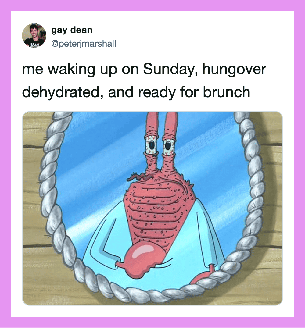 SpongeBob SquarePants looking tired and hungover in front of a mirror.