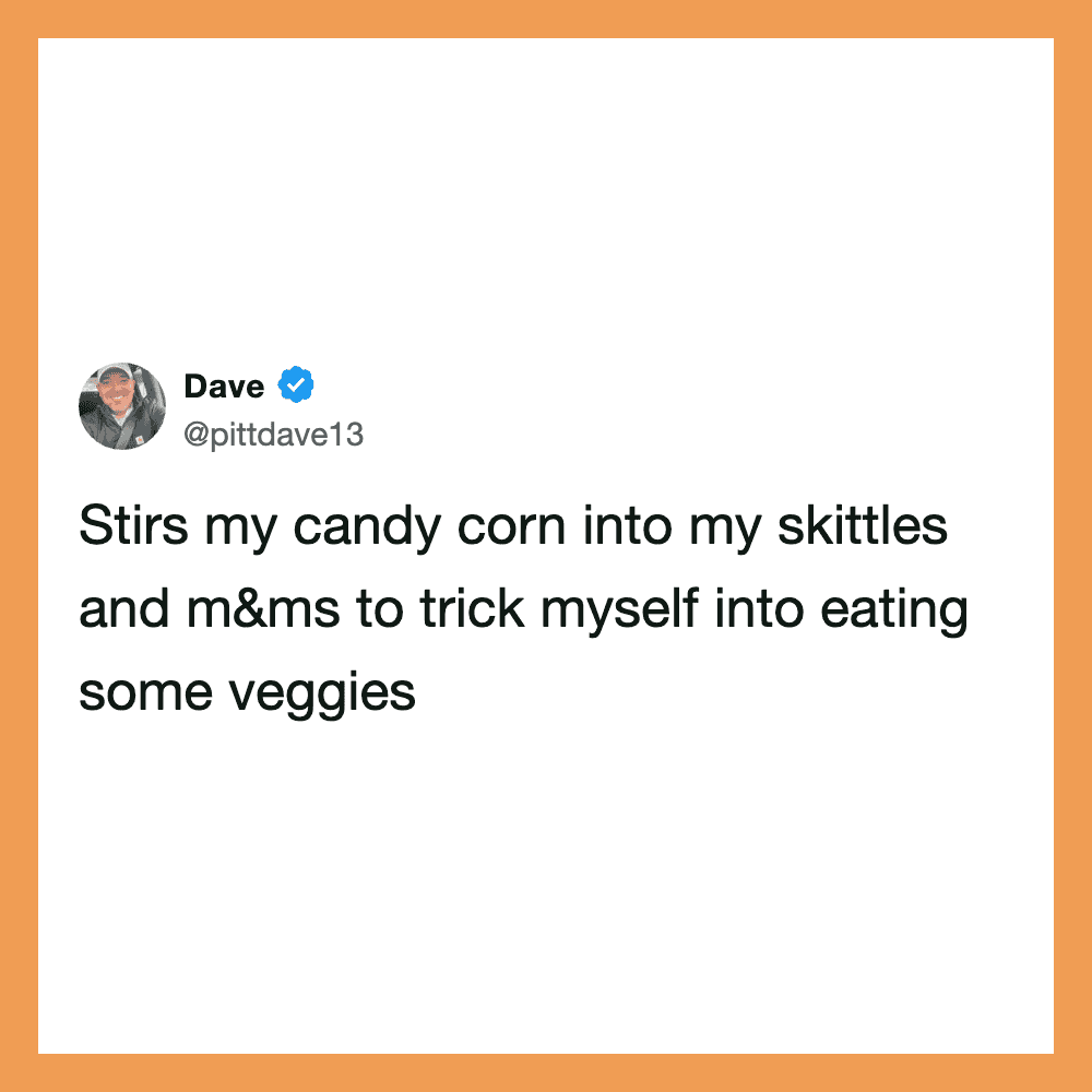 Tweet from Dave about putting candy corn into Skittles and M&Ms.