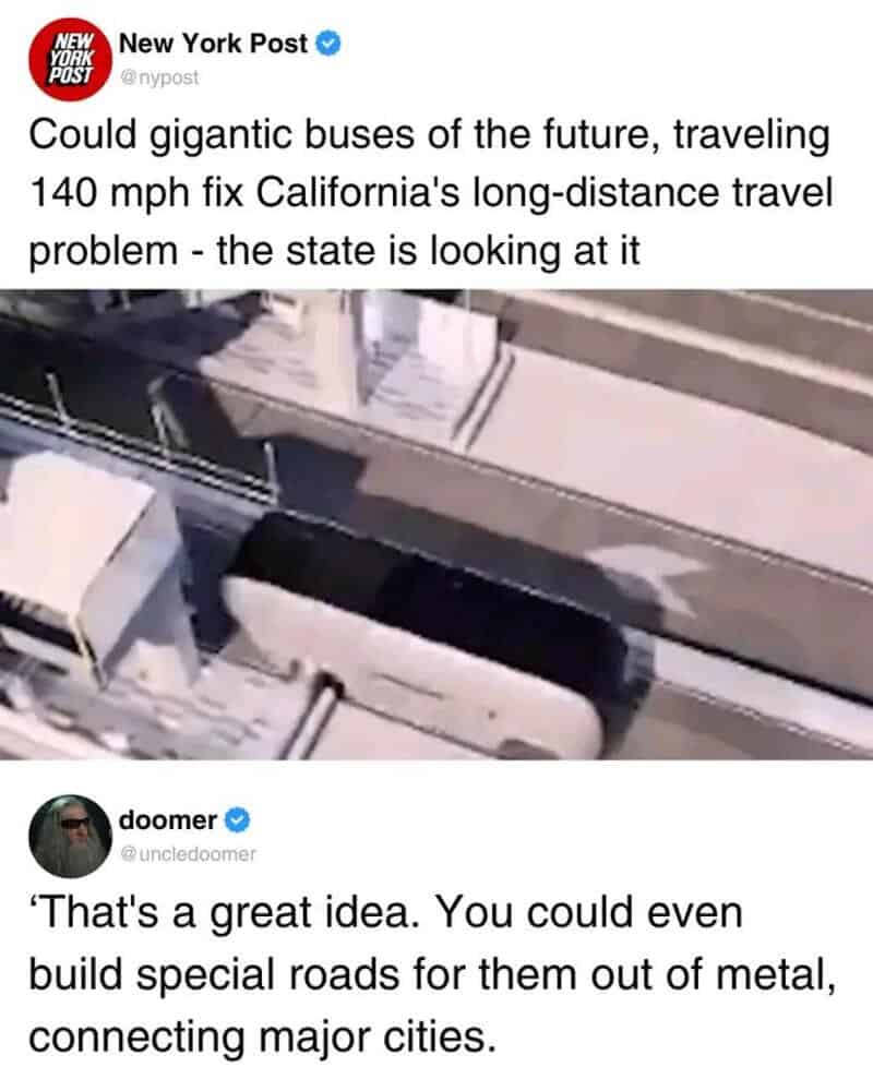 Gigantic futuristic buses on a track, traveling at 140 mph, as a solution for long-distance travel.