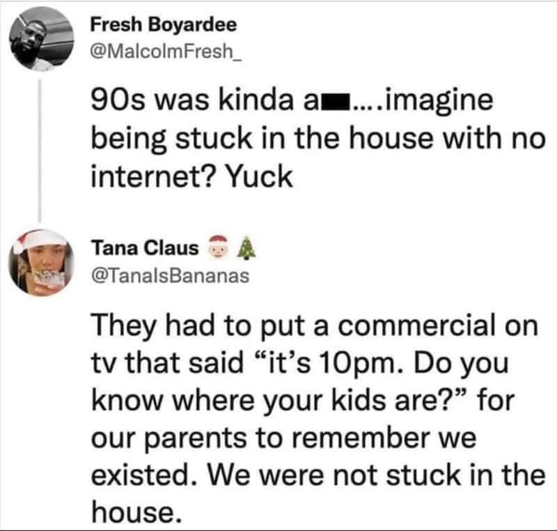 Twitter conversation about 90s internet and TV commercials for kids.