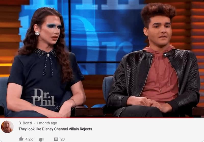 Two young people on Dr. Phil show, woman with dark hair and blue eyeshadow, man with curly hair.