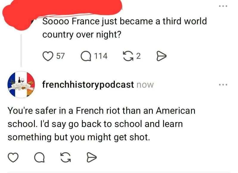 Social media post about France becoming a third world country and a podcast comment about French ri.
