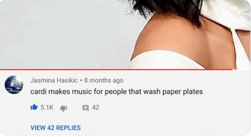 Comment about Cardi B making music for people that wash paper plates.