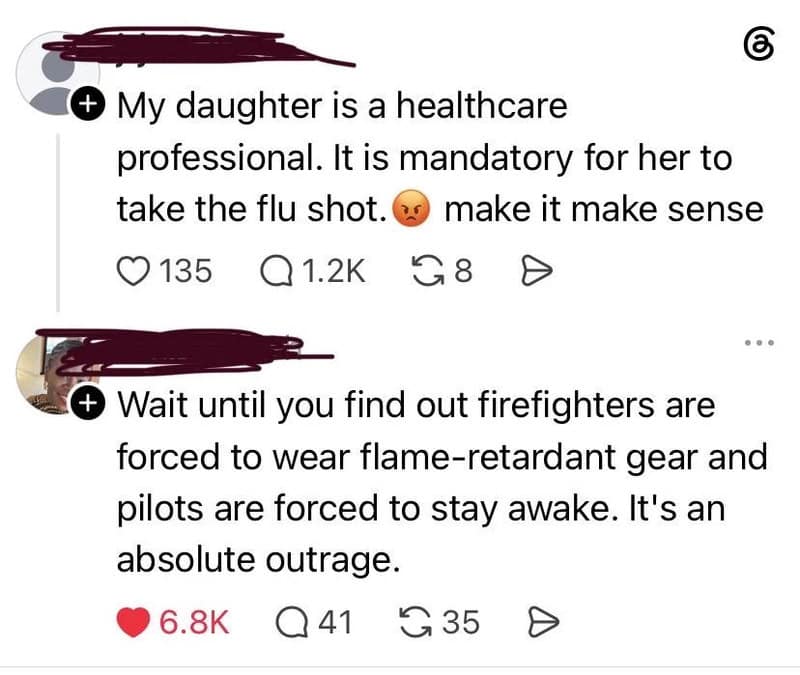 Comments about healthcare and firefighters, with emojis and engagement stats.