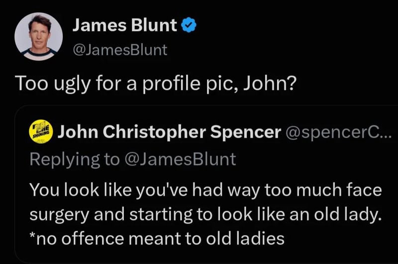 James Blunt's tweet about John's profile picture being too ugly.
