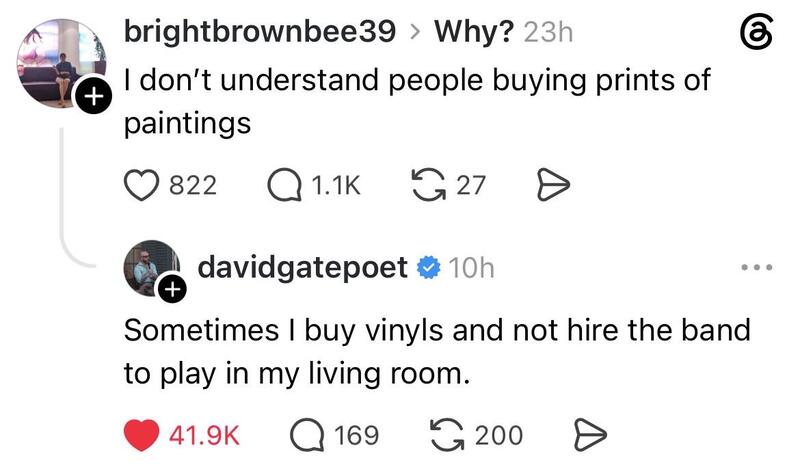 Comments section with two users discussing art and music.