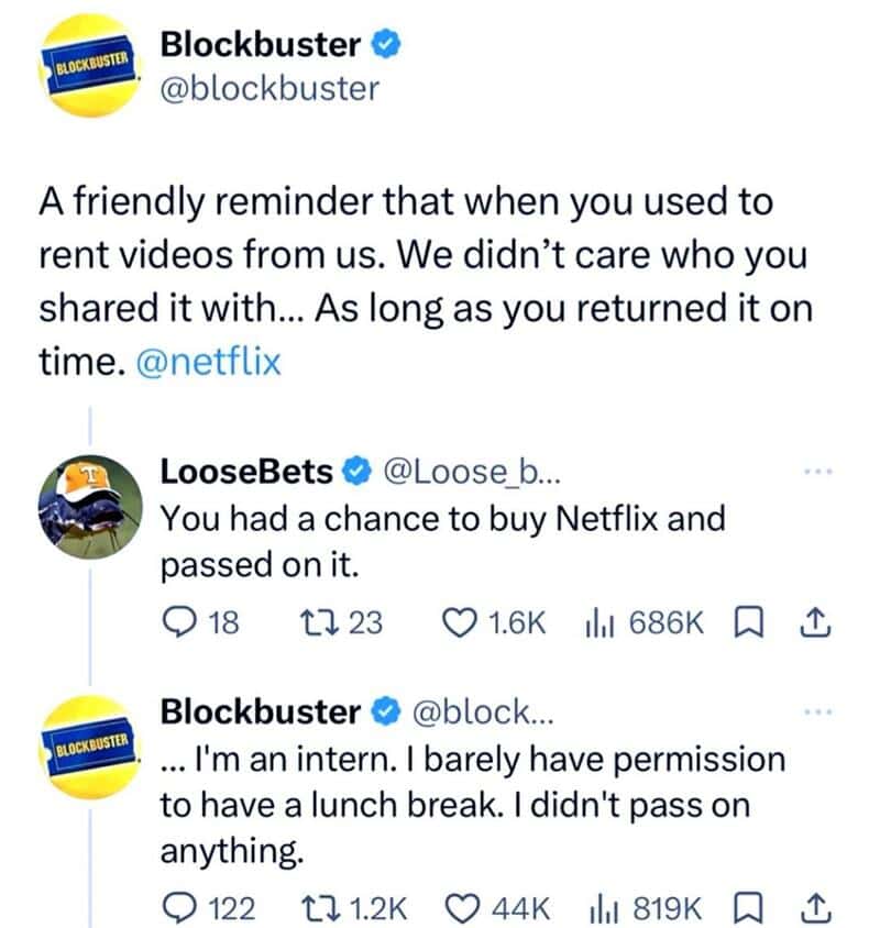 Blockbuster tweet about returning rented videos and Netflix pass-on.