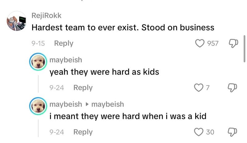 Screenshot of a comment thread about a tough team, with replies about childhood hardships.