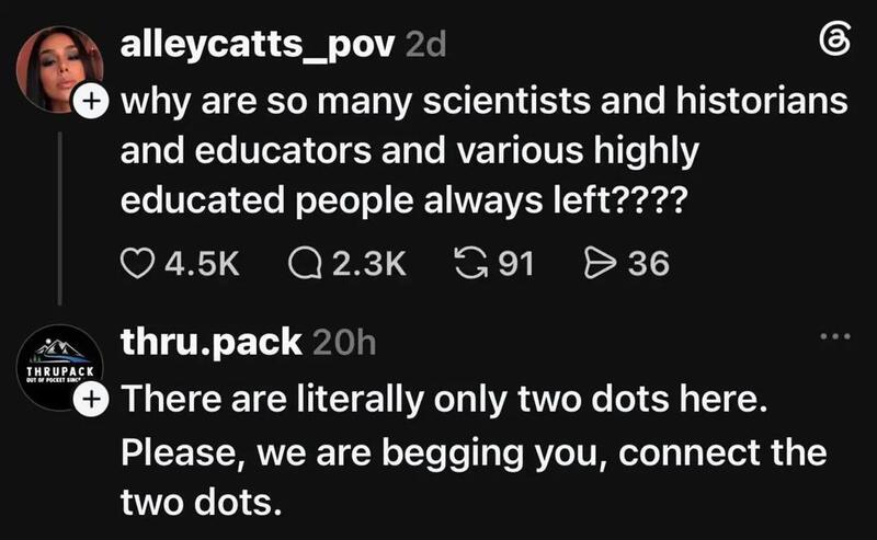 Social media comment asking why many educated people leave science and history.