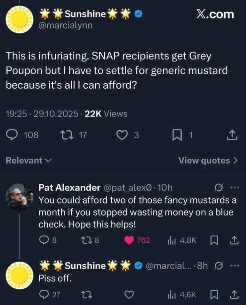 Twitter post about SNAP recipients and mustard, with replies and engagement.