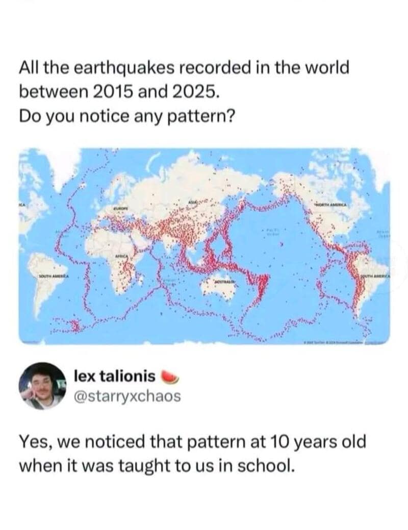 Map showing earthquake locations worldwide from 2015 to 2025 with a pattern of activity.