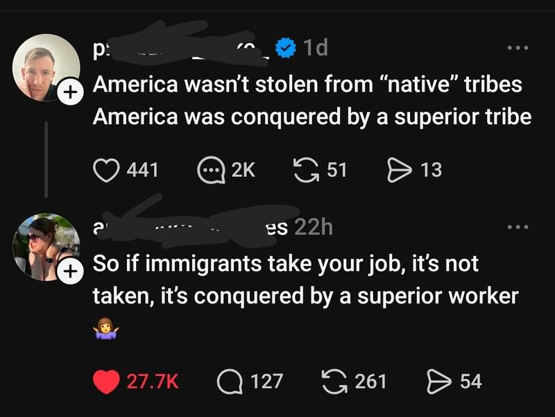 Social media comments discussing America's history of conquest and immigration.
