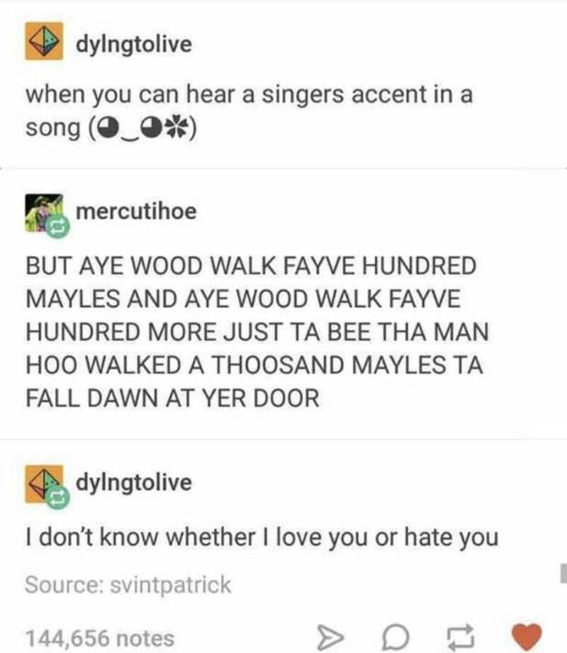 Screenshot of a social media conversation about singing and a humorous song lyric.