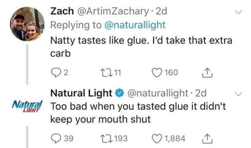 Twitter conversation about Natty tasting like glue and extra carbs.
