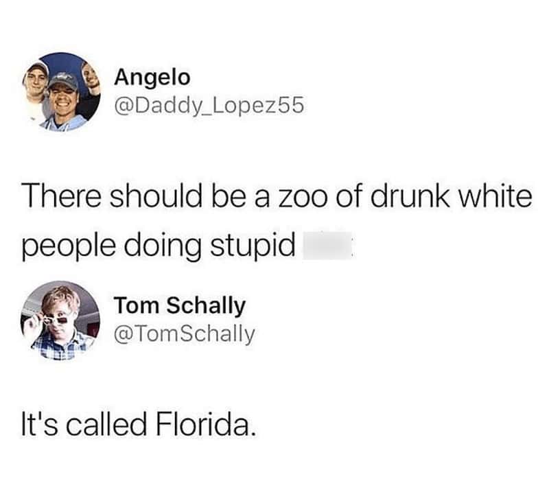 Twitter conversation about Florida with two users, one suggesting a zoo of drunk white people.