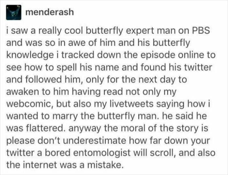 A social media post about a butterfly expert man and his knowledge.
