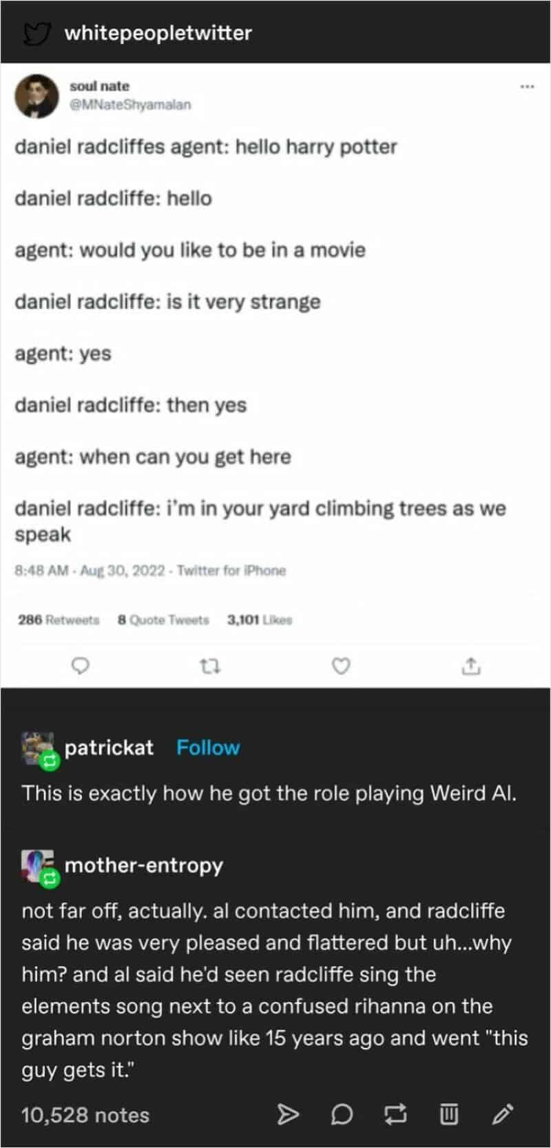 Twitter conversation about Harry Potter and Radcliffe climbing trees.