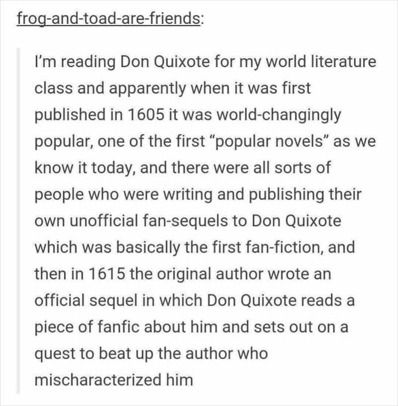 Text about Don Quixote, fan fiction, and early publishing history.