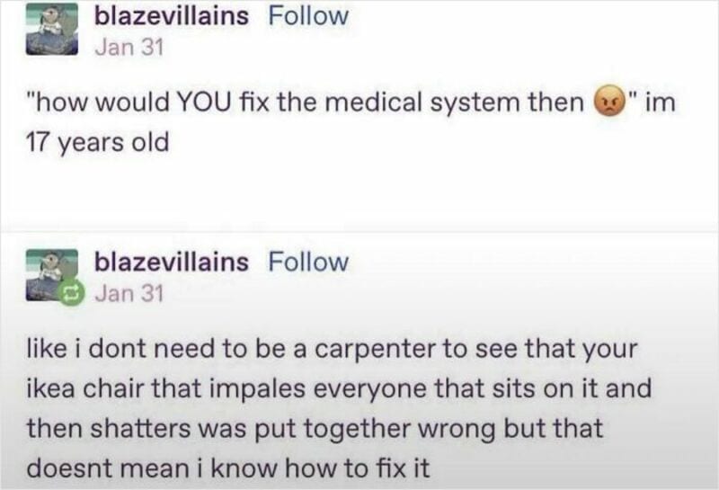 Screenshot of a social media post about fixing a medical system and an IKEA chair.
