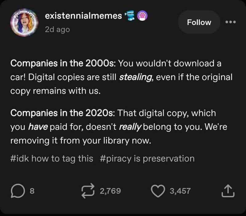 Text about digital copies, piracy, and preservation from a social media post.