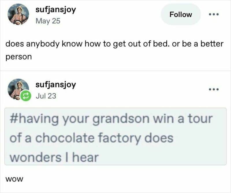 Screenshot of a social media post about a grandson winning a chocolate factory tour.