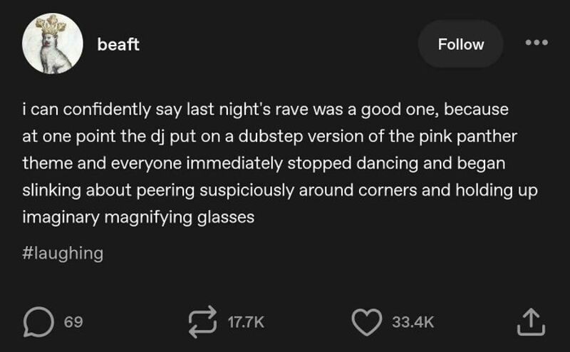 A social media post about a rave with a humorous description of the event.